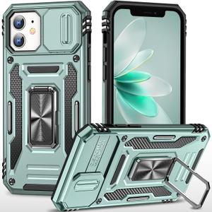 Case for iPhone 12 Case iPhone 12 Pro Phone Case with Slide Camera Cover, with Finger Ring Holder Stand, fit Magnetic Car Mount, for iPhone 12/12 Pro (Alpine Green)