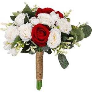 Wedding Bouquets for Bride, White Red Blue Rose Bridal Bouquets for Bride, Artificial Flower Bouquet for Wedding, Bridesmaid Bouquets with Jute Rope, Valentine's Day Anniversary Home Decor (Red)