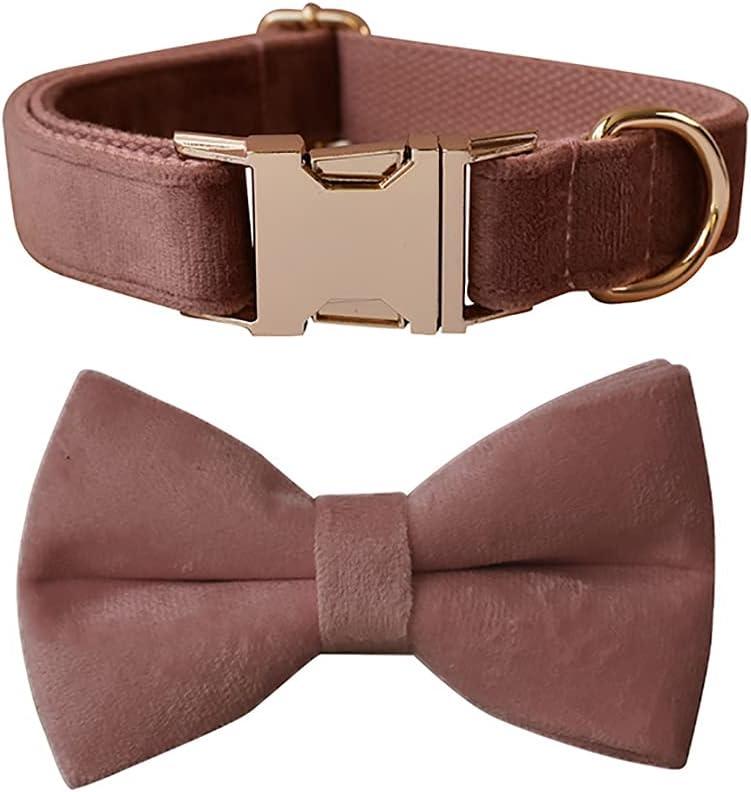 Love Dream Bowtie Dog Collar, Velvet Dog Collars with Detachable Bowtie Metal Buckle, Soft Comfortable Adjustable Bow Tie Collars for Small Medium Large Dogs (Medium, Dark Pink)