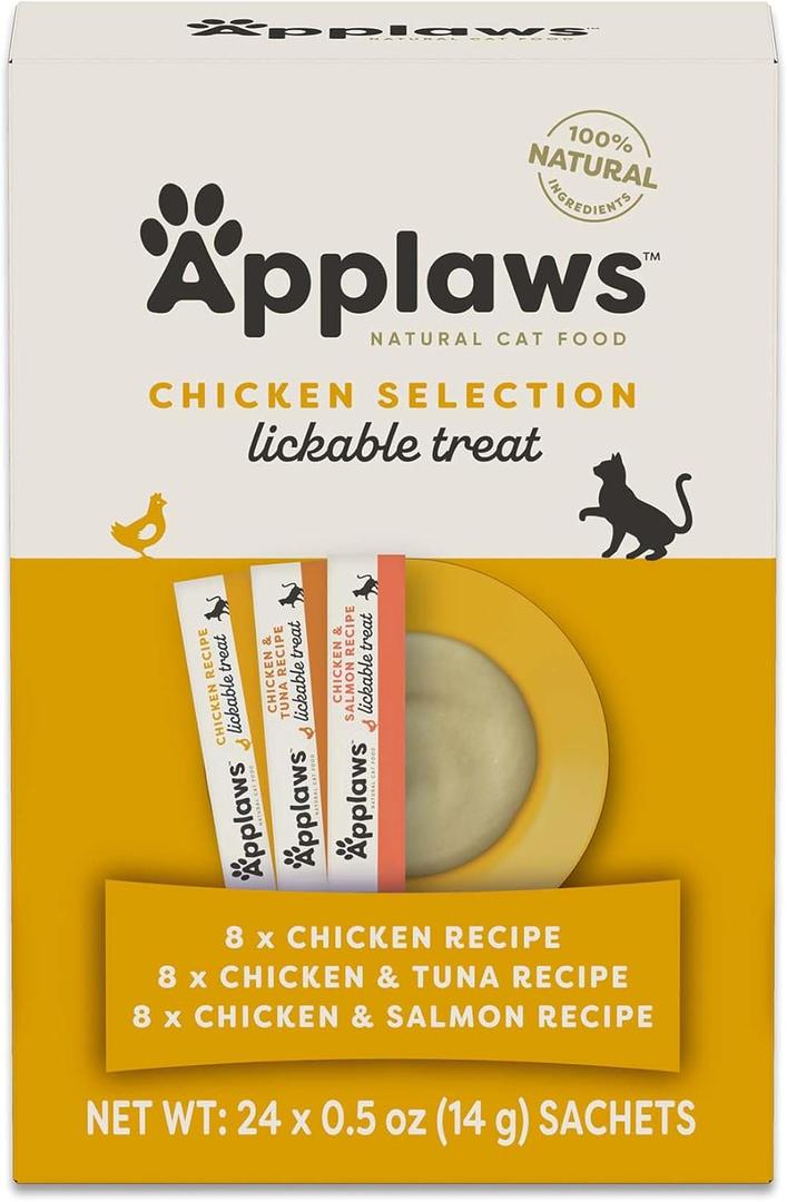 Applaws Lickable Cat Treats, Natural Grain-Free Pure, Made with Limited and Natural Ingredients, No Artificial Additives, Chicken Squeeze Up Cat Treats (24 x 0.5 oz Sachets)