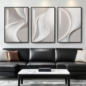 Large Framed Modern Abstract Wall Art, 3 Piece Minimalist Bright Style Prints Paintings Artwork for Walls, Silver Gray Contemporary Luxury Pictures for Living Room Hallway Office Wall Decor Total 30x60 In