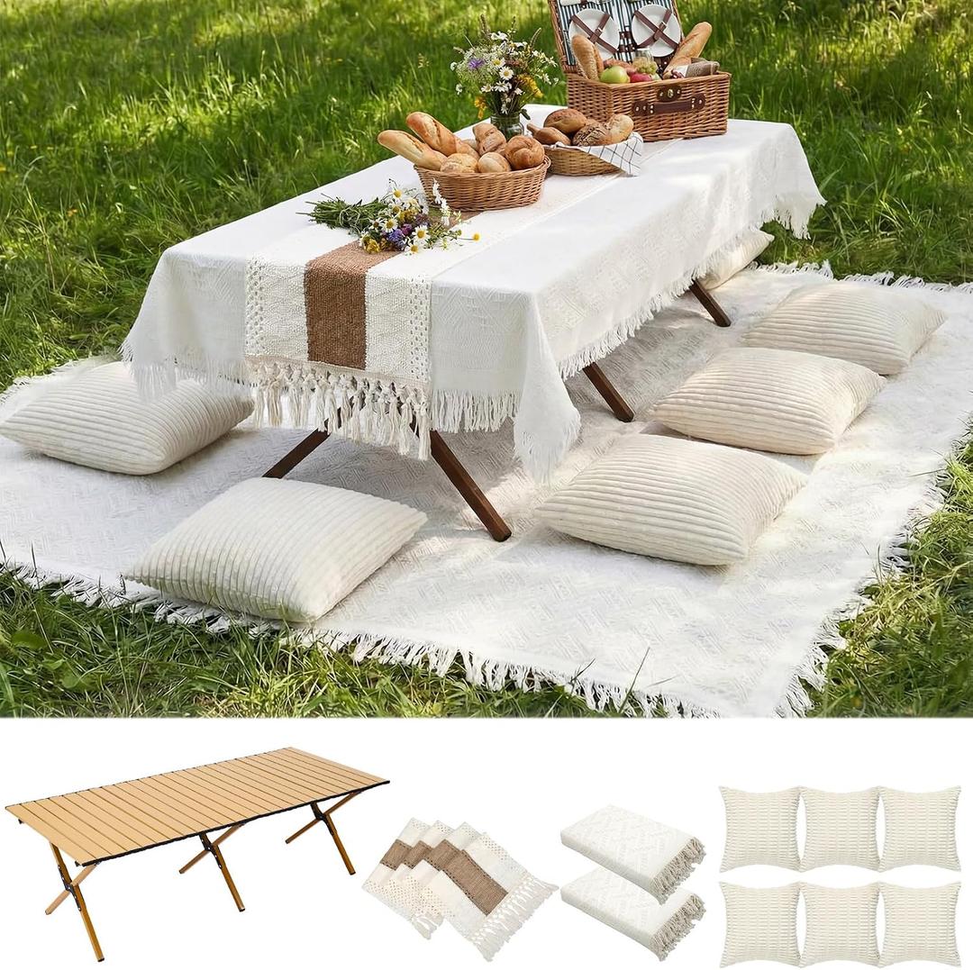 Novabright 10 Pcs Boho Picnic Set with Table Blanket Runner,Pillow Covers
Folding Wood Table, Oversized Fringed Blanket, Woven Runner, Ribbed Covers, Washable Cotton for Camping Wedding Outdoor