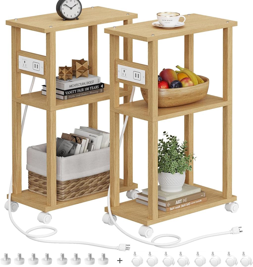 TUTOTAK Small Narrow Side Table with Charging Station, Skinny End Table for Small Spaces, Slim Nightstand with USB Ports and Outlet, Sofa Beside Table with Wheels, Natural TB01BN047 (2 PC)