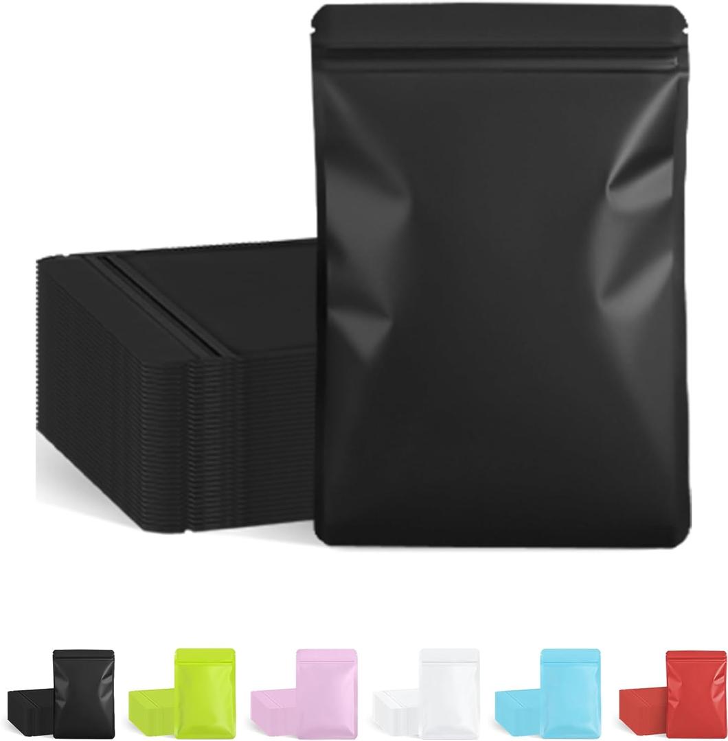 100 Pack Resealable Packaging Bags for Small Business Double-Sided Color Smell Proof Bags for Food Storage Flat Bags (Black, 4" x 6")