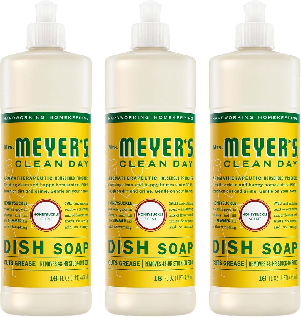 MRS. MEYER'S CLEAN DAY Liquid Dish Soap, Honeysuckle Scent, 16 Fl Oz Bottle - 3 Pack