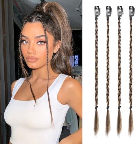 Flufymooz 4PC Braid in Hair Extension 14 Inch Clip in Braid Extensions for Women Synthetic Hairpieces for Daily Use Party Styling (Deep Brown with Dirty Blonde)