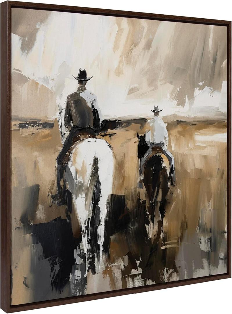Kate and Laurel Sylvie Western Cowboy Horseback Ranch Abstract Neutral 2 Framed Canvas Wall Art by The Creative Bunch Studio; 30x30 Brown; Modern Abstract Cowboy Art for Wall