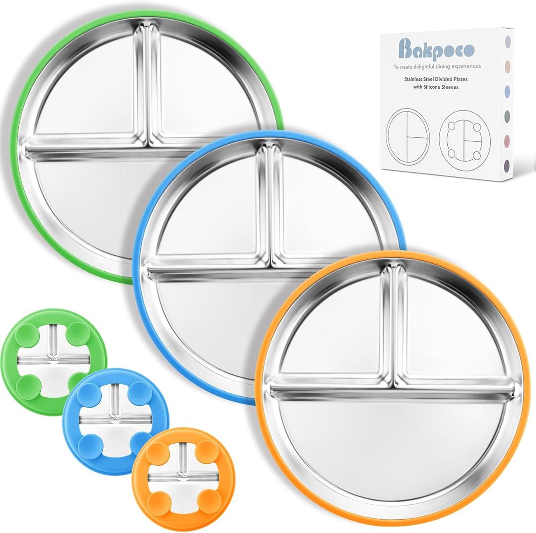 Bakpoco Stainless Steel Suction Plates for Toddlers, 9" Divided Kids Baby Plates with Removable Silicone Suction, Non Toxic Non Slip Portion Control Snack Dishes 3 Packs, Bright Orange/Blue/Green, 9" Round