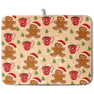 Christmas Gingerbread Man Dish Drying Mat for Kitchen Counter 16x18 Inch Winter Cute Candy Cane Hot Cocoa Xmas Tree Microfiber Drying Mats Orange Super Absorbent Dish Drainer Mats Washable Dish Pad
