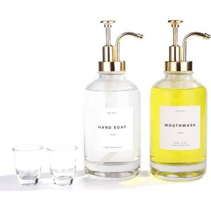 Molimoli Hand Bathroom Soap Dispenser Set, Glass Mouthwash Dispenser for Bathroom, Dish Soap Dispenser for Kitchen Sink, Soap Dispenser Pump, 500ml/16.9 Oz, Set of 2, Gold