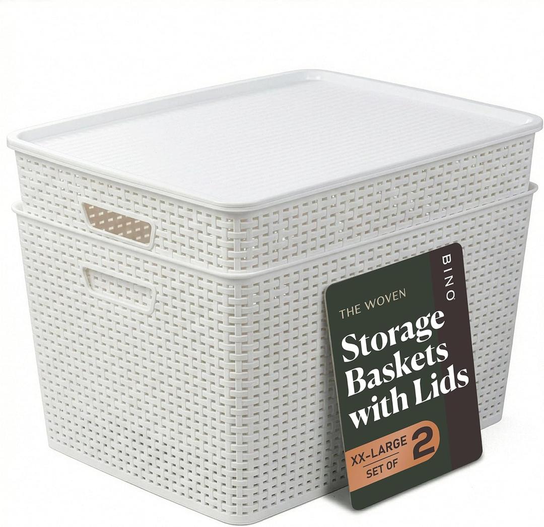 BINO | Plastic Storage Baskets with Lids, 45 Liter - 2 Pack, White | THE WOVEN COLLECTION | Storage Basket for Shelves | Woven Storage Baskets for Organizing Bins Pantry Shelf Organizer Container Bin