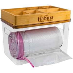 Trash Bag Holder Dispenser  2-Piece Organizer with Bamboo Lid & PET Base  Under Sink Kitchen Cabinet Bag Storage Solution
