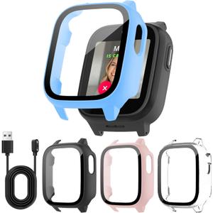 4 Pack Case for Cosmo JrTrack 5 Kids Smart Watch with Tempered Glass Screen Protector, Shockproof Hard PC Bumper, Magnetic USB Charging Cable, Scratch Resistant Protective Cover (Sky Blue/Black/Pink/Clear)