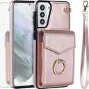 Asuwish Phone Case for Samsung Galaxy S21 5G 6.2 inch Wallet Cover with Tempered Glass Screen Protector and RFID Blocking Ring Stand Credit Card Holder Cell Accessories S 21 21S G5 Women Men Rose Gold