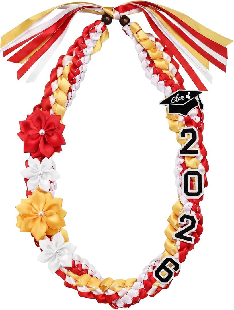 Lyrow 50'' 2026 Graduation Lei Double Braided Strands Graduation Ribbon Leis with 4 Satin Flowers Congrats Graduates Money Leis Class of 2026 Gift for Men Women