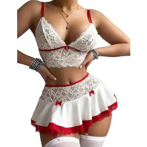 Avidlove Lingerie Sets for Women Sexy Lingerie for Women Naughty Lace Mini Skirt Maid Costume (Medium, White)
