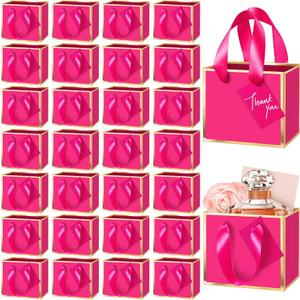 Yeaqee 50 Pcs Mini Metallic Gift Bags with Handles 4x4.75x2.25'' Tiny Thank You Favor Bag with Tag for Women's Day St. Patrick's Wedding Spring Easter Welcome Baby Shower Birthday (Hot Pink,Gold)