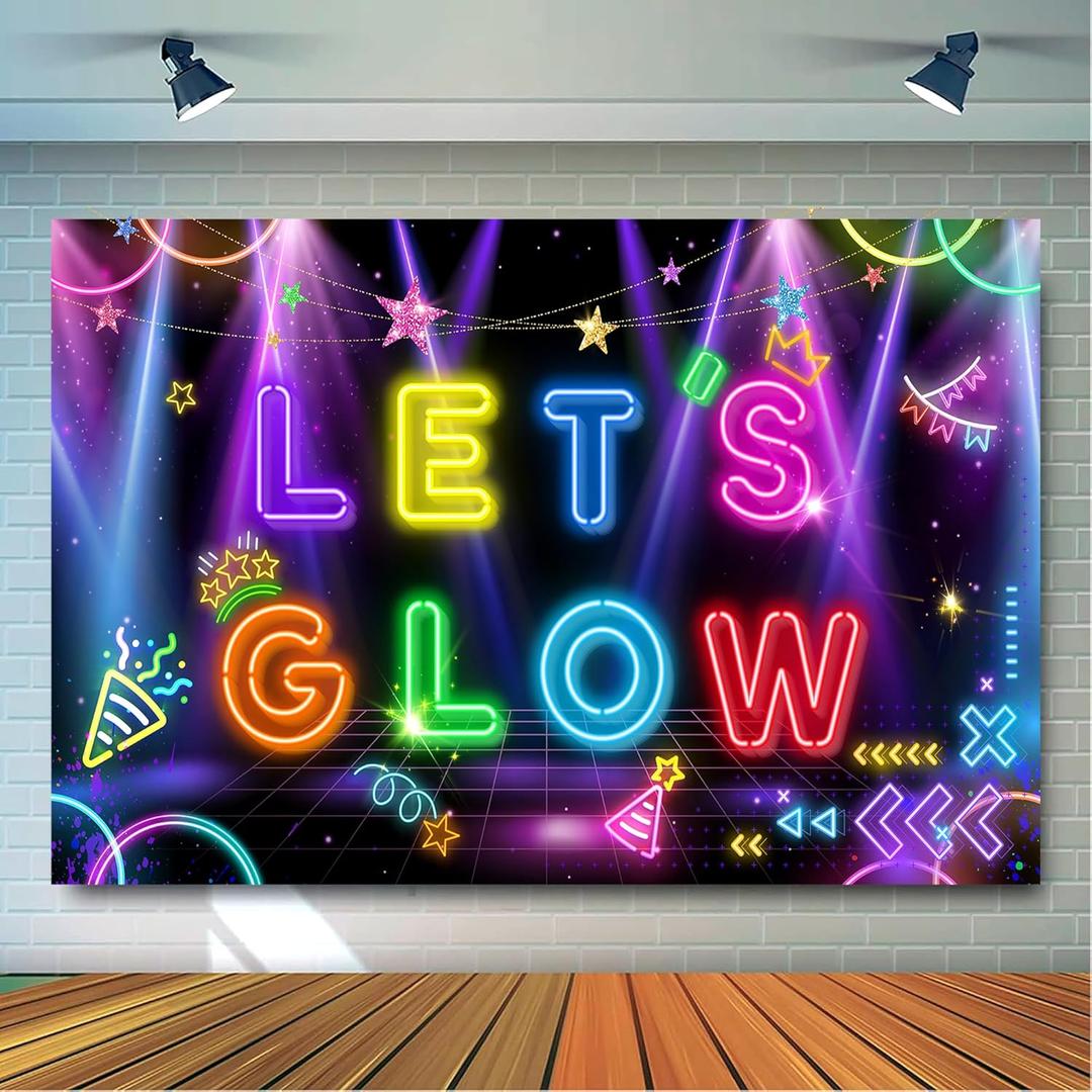 Neon Let's Glow Party Backdrop, 180x110 CM Lets Glow Backdrop, Glow in The Dark Backdrop & Neon Backdrop for Glow Party, for Lets Glow Party Decorations & Neon Birthday Party Decorations