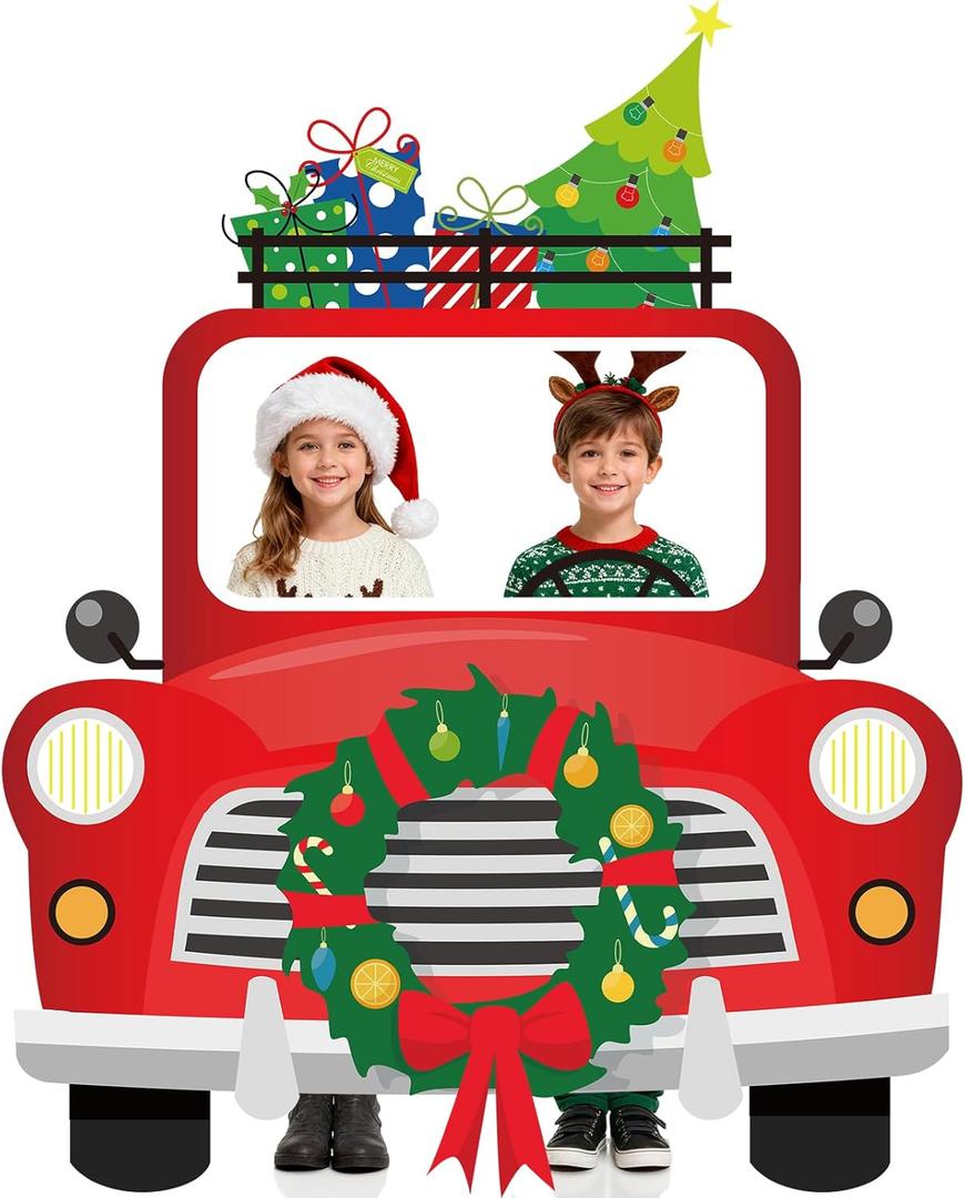 Christmas Car Photo Booth Props Backdrop Christmas Car Photo Prop Frame Banner Large Fabric Groovy Cars Prop Hippie Selfie Frame Background Birthday Supplies Parties Sign for Kids