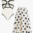 FLAXMAKER Black and White Swimsuit Bow-tie Decor Women's Polka dot Print Skirt One Piece Bathing Suit with Skirt Size M
