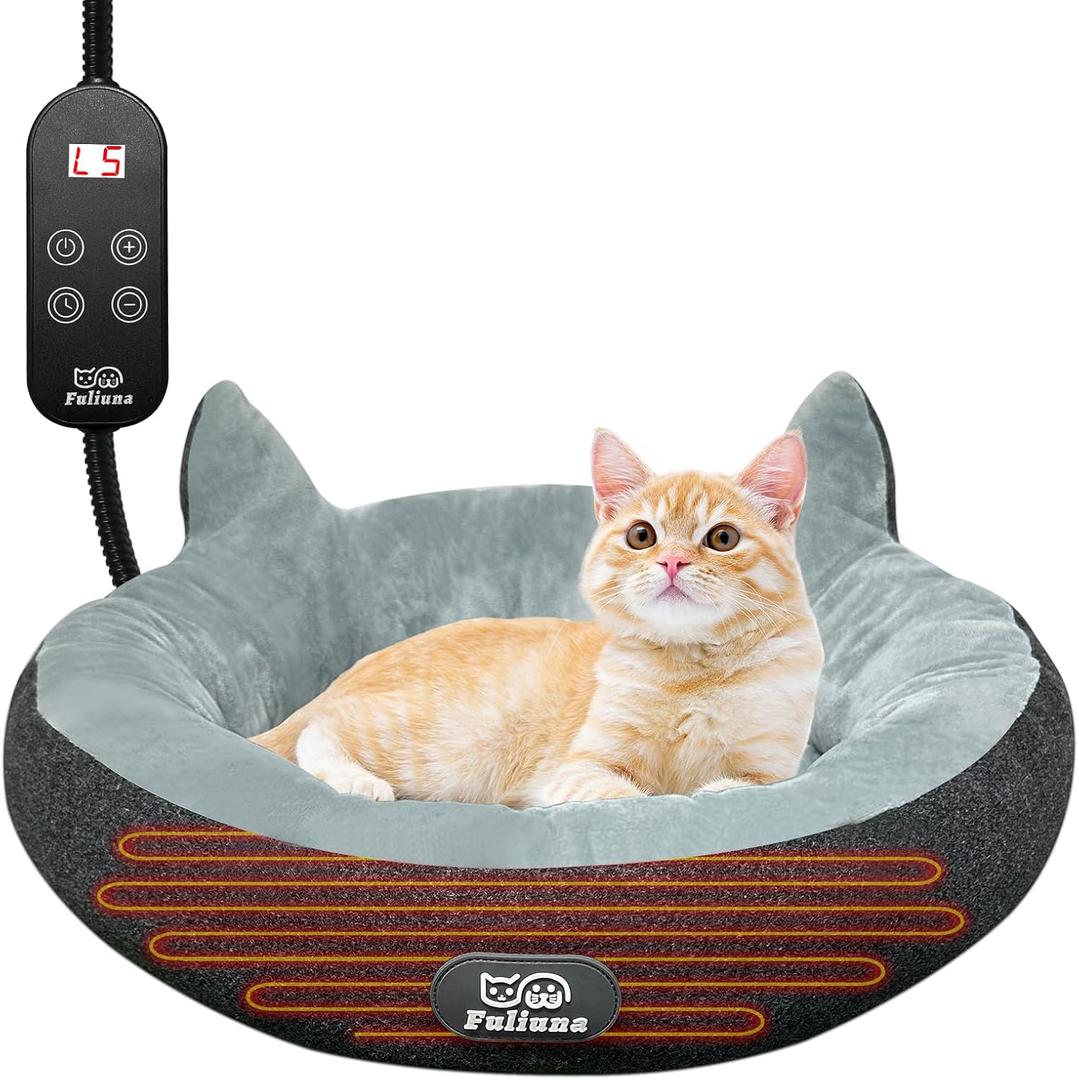 Heated Cat Bed for Small Size Cats, Soft & Cozy Donut Heated Pet Bed with Timer & Temp Adjustable Pet Heating Pad for Indoor Cat, Round Electric Cat Bed Heater Warmer., gray