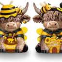 Karenhi 2 Pcs Bee Highland Cow Figurines, Bee Costume Resin Honey Cow Gnomes Scottish Resin Statue Calf Lovers Gifts for Spring Home Garden Kitchen Office Tiered Tray Table Decor