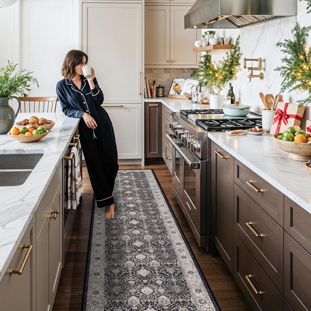 Hallway Washable Runner Rug - 2'6x14 Kitchen Rugs Entryway Rug Runner Vintage Soft Floor Mat Non Slip Indoor Farmhouse Carpet for Bathroom Living Room Bedroom (2'6''x14', Black)