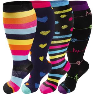 4 Pairs Plus Size Compression Socks for Women & Men, Extra Wide Calf 20-30 mmhg Knee High Compression Stockings for Circulation Swelling Support