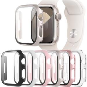 6-Pack Case Compatible with Apple Watch 40mm Series SE 2nd Gen 6 5 4 with Tempered Glass Screen Protector, QCKANLJ Ultra-Thin Hard PC Full Protective Face Cover Bumper for iWatch 40mm (Black/Transparent/Pink/White/Starlight/Rose Gold)