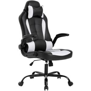 BestOffice PC Gaming Chair Ergonomic Office Chair Desk Chair with Lumbar Support Flip Up Arms Headrest PU Leather Executive High Back Computer Chair for Adults Women Men (White)