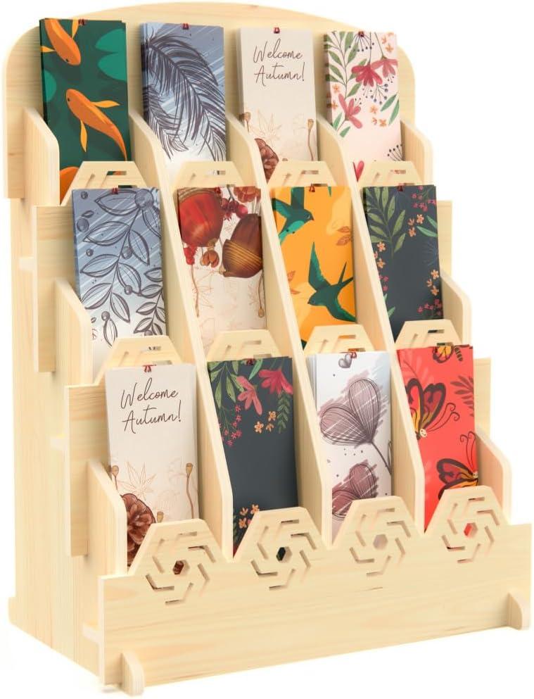 Bookmark Display Stand for Vendors  Wooden Bookmark Holder Display with Customizable Space, Mobile-Friendly Design  Versatile Holder for Craft Fairs, Vendor Booths, and Shops, 12 Pocket
