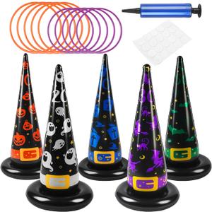 Halloween Ring Toss Games, 17PCS Inflatable Witch Hats Ring Toss Set with Plastic Rings Air Pump for Party Games Super Fun Halloween Games Activities for Kids Adults Indoor Outdoor