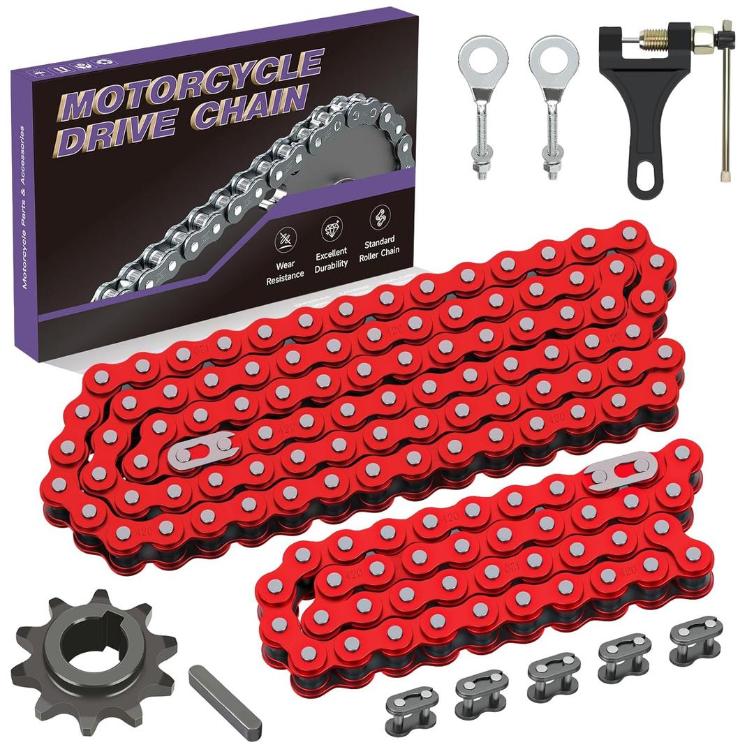 420 Chain 42 and 90 Links Kits Replacement for Coleman Mini Bike BT200X CT200U CT200U-EX Baja Warrior Massimo MB200 MB165 196cc Predator 212cc 200cc 6.5hp Parts Red with Mini Bike Sprocket 10T