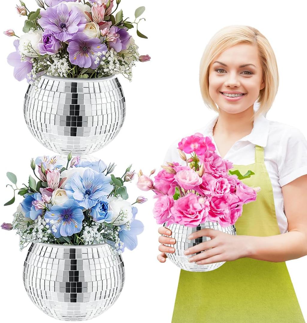 2 Pcs Disco Ball Vase, 5 x 6 Inch Mirrored Disco Ball Planters Perfect for Decorative Living Room, Bedroom, Dining Table, Wedding, Party, Birthday (Silver)