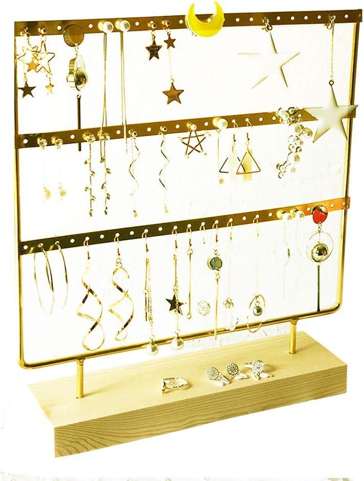 lemonadeus Earring Holder for Hanging Earrings Earring Stand Tree Display Stand Ear Stud Holder Jewelry Tower with Wooden Tray Dish (Gold66 Holes 3 Tier)