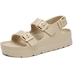SOSOWHLTE Women's Platform Sandals with Arch Support - 3 Adjustable Straps Summer Beach Sandals, Lightweight & Slip-Resistant (9, Beige)