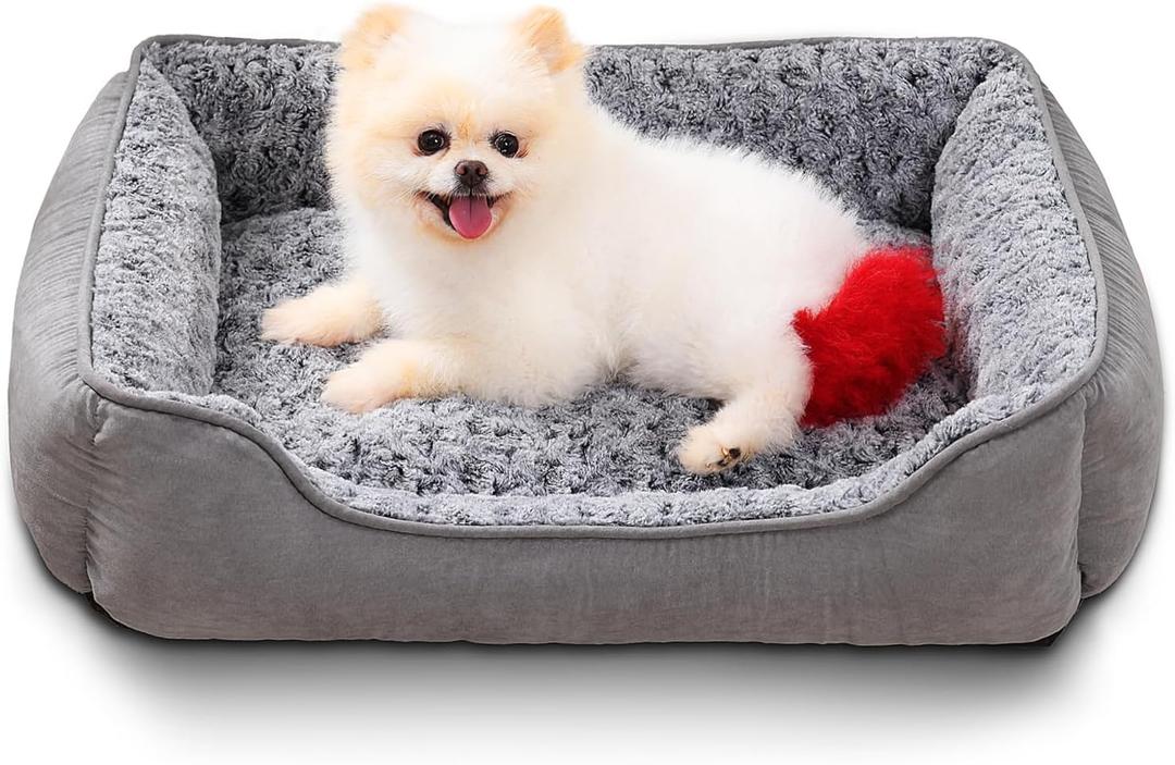 Dog Beds for Small Dogs, Soft Calming Pet Sofa Bed, Fully Washable and Durable, Rectangle Anti-Anxiety Pet Bed Couch with Anti-Slip Bottom, 20"x19", Grey
