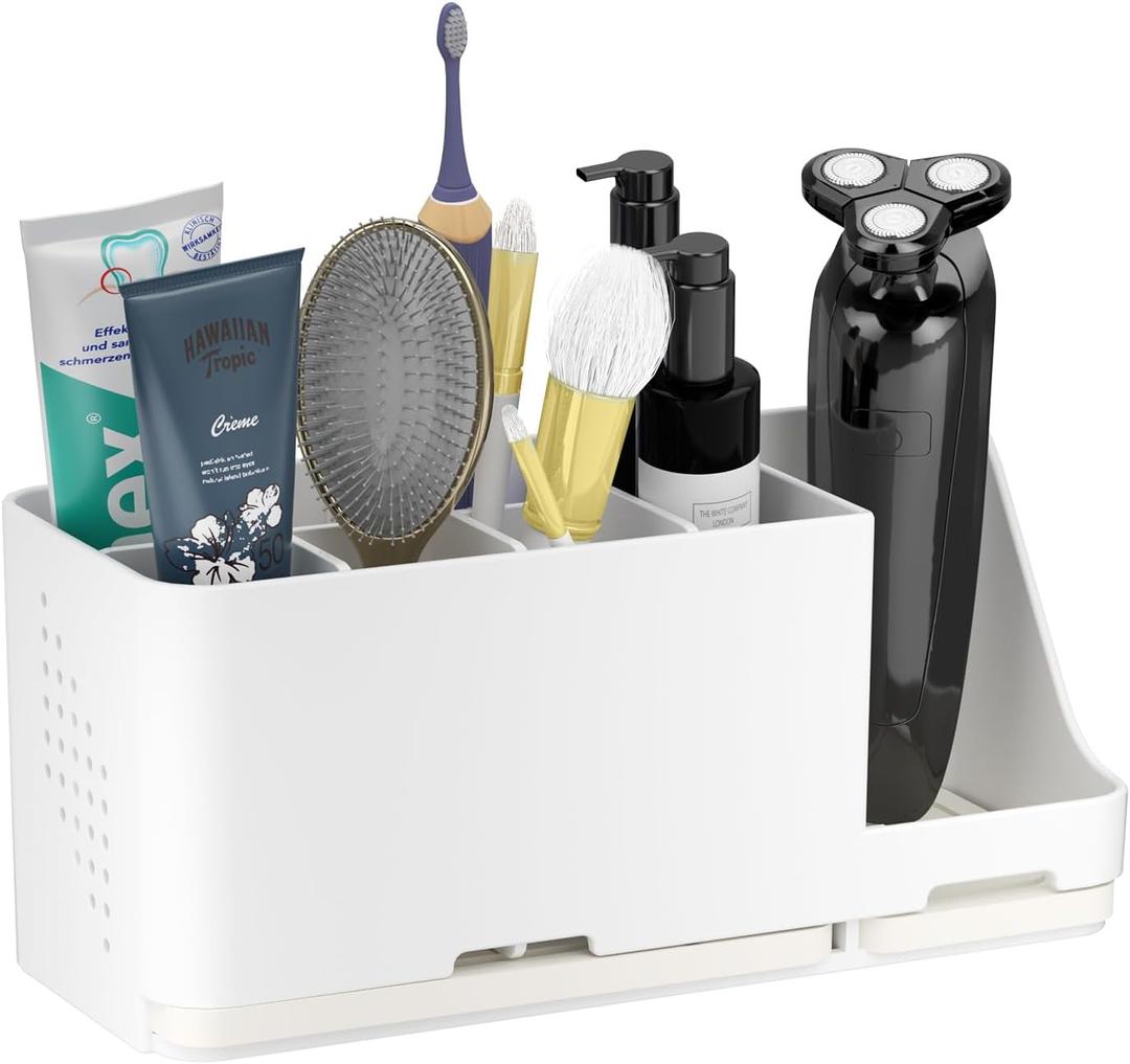 JUMEIHUI Bathroom Countertop Organizer with Water Absorbent Diatomite,8 Slots Bathroom Toothbrush Holder with Adjustable Dividers, Bathroom Sink Organizer Countertop (White)