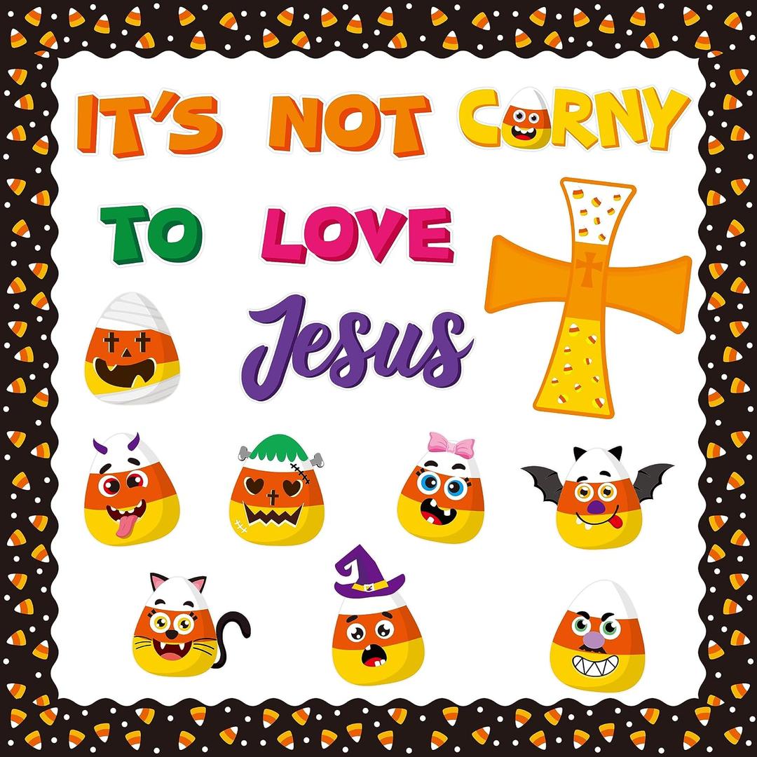 3 x Yopyame 110PCS Its Not Corny to Love Jesus Christian Bulletin Board Set Halloween Candy Corn Cross Name Tag Border Trim Cutout Halloween Faith Religious Classroom Sunday School Chalkboard Wall Decor