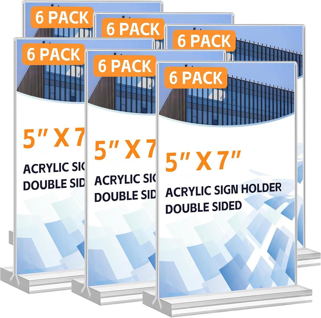 Acrylic Sign Holder 5x7, 6 Pack Vertical Clear Table Menu Display, Double Sided Table Top Frame Plastic Stand, Suitable for Restaurants, Office, Store, Fair
