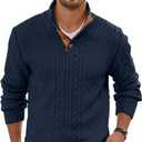 Wizoat Mens Cable Knit Pullover Sweater Casual Long Sleeve Stand Collar Quarter Button Knitted Sweaters (L)