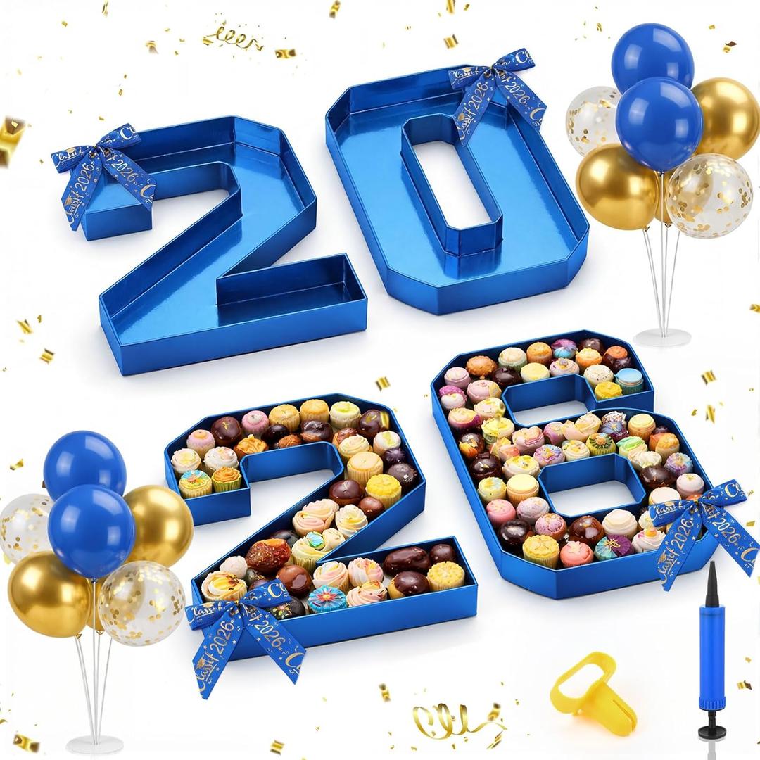 2026 Grad Cardboard Letters with 14 Balloons Bows Decorations 10'' Graduation Charcuterie Numbers Fillable Trays and 2 Balloon Stands for Graduation Party Supplies(Blue,2026)