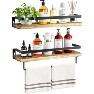 AMADA HOMEFURNISHING Bathroom Shelves with Towel Bar, Floating Shelves, Wall Shelves for Bathroom/Living Room/Kitchen/Bedroom, Light Brown, Set of 2 - AMFS01