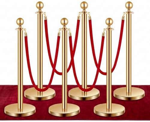 Gold Stanchions and Red Velvet Ropes Set (6 Posts, 4 Ropes) Stainless Steel Crowd Control Barriers,Red Carpet Poles for VIP Events & Parties