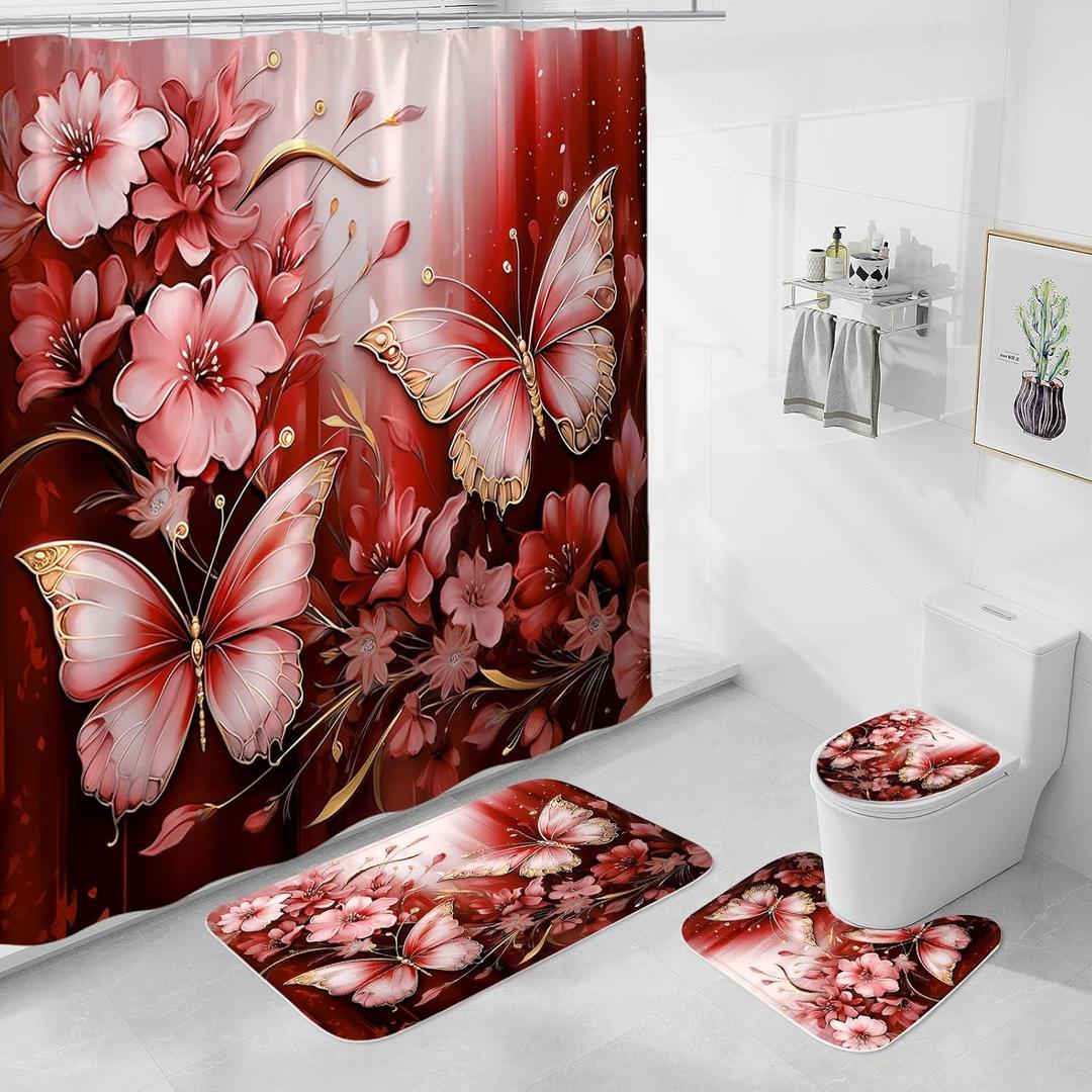 4 Pcs Red Floral Butterfly Shower Curtain Set with Non-Slip Rugs, Chic Bold Toilet Lid Cover and Bath Mat, Elegant Luxury Bathroom Decor Set (Hooks Not Included)