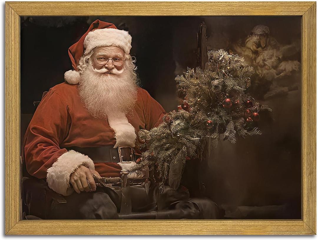 Christmas Wall Art Pictures, Vintage Christmas Wall Decor Prints, Vintage Santa Portrait Canvas Print Posters, Farmhouse Santa Pictures for Wall Framed 16x24 Inch