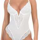 Popilush Lace Shapewear Bodysuit Tummy Control Corset Tops V Neck Sleeveless Backless Body Suit Thongs (White) S 