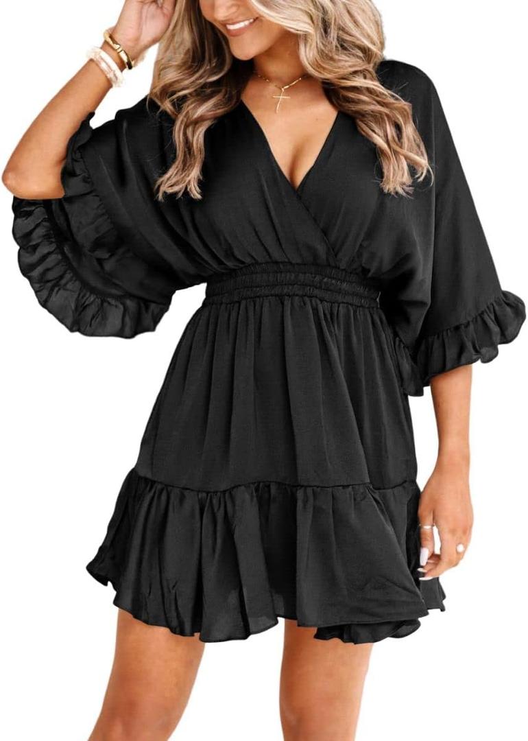 Aoysky Womens V Neck Casual Dresses Summer Loose High Waist Ruffle Pleated Cute Mini Short Dress (XX-Large, Black)
