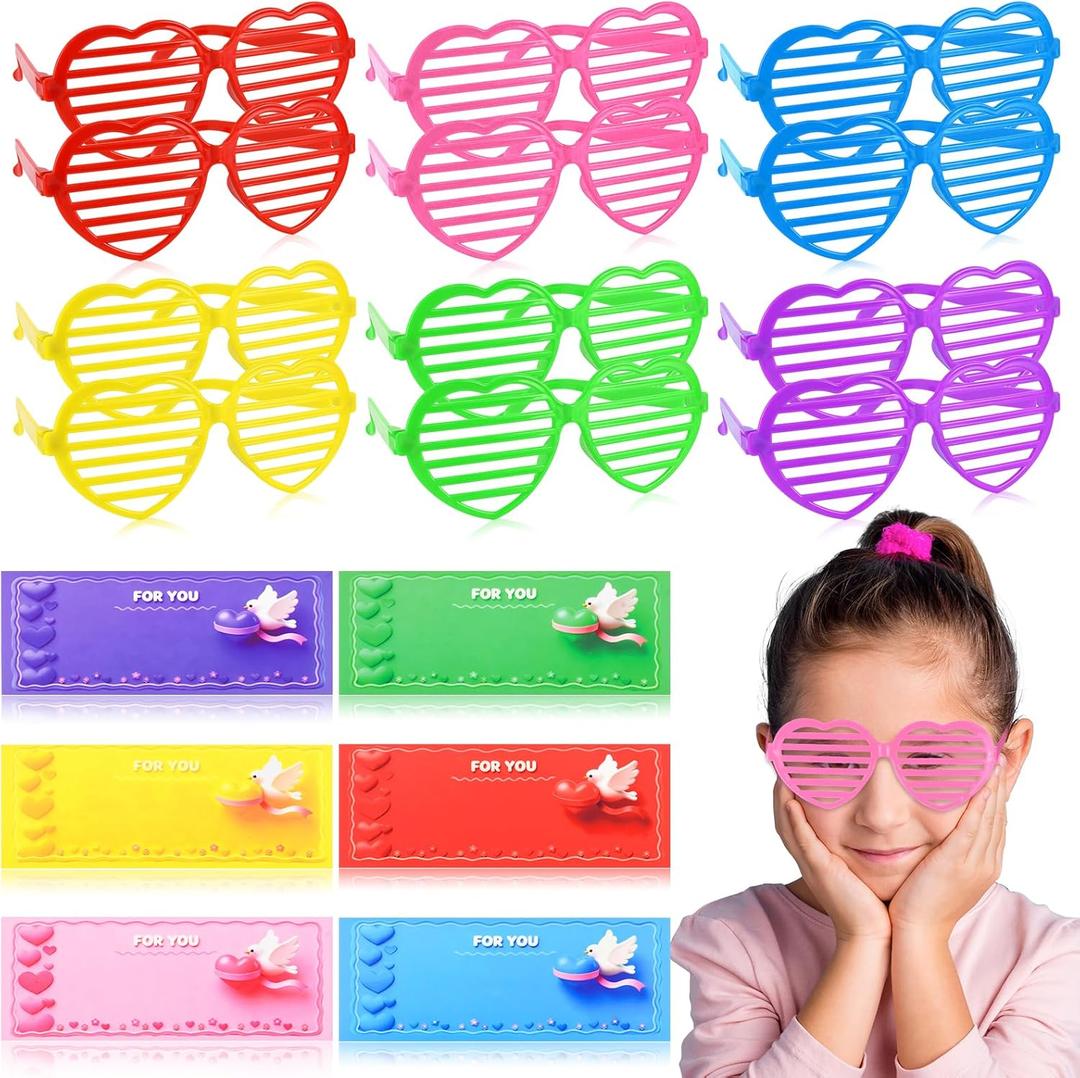 12 Pcs Heart Shaped Shutter Shade Glasses with Gift Cards, Valentines Party Favors, Valentine's Classroom Exchange Prizes Gifts for Kids Boys Girls (Red+Pink+Purple+Blue+Green+Yellow)