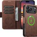 Leather Magnetic Wallet Case for iPhone17 Pro Max Compatible with MagSafe & Wireless Charging, 3 Card Slots & ID Holder, Kickstand, 360 Military Shockproof Protection Premium Brown